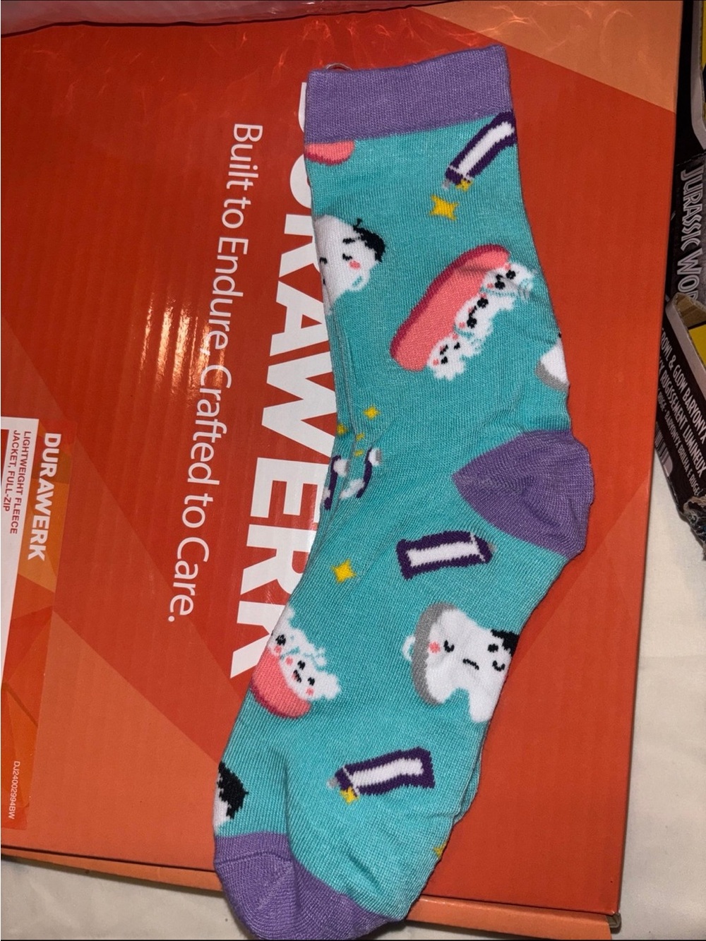 Women  Aqua Novelty Crew Socks with Purple Accents